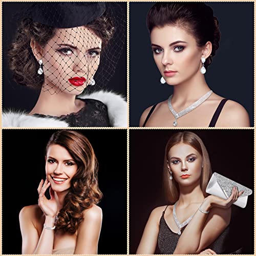 Tiamon 4 Pcs Rhinestone Jewelry Sets for Women Formal Prom Jewelry Earrings Necklace Bracelet Silver Clutch Purses Bag for Evening Wedding Party Christmas Jewelry Gift (Bling Style)