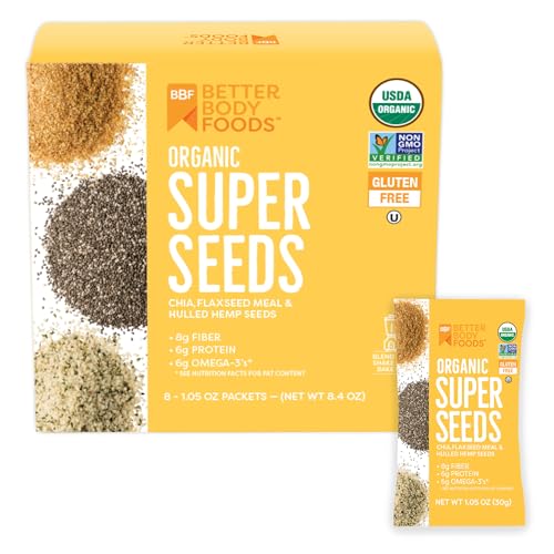 BetterBody Foods Superfood Organic Super Seeds - Blend of Organic Chia Seeds, Milled Flax Seed, Hemp Hearts, 1.05 oz packets (Pack of 24)