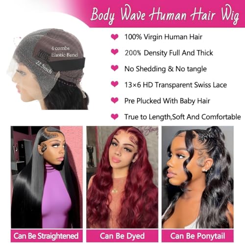 oveflect 16 Inch 13x6 Lace Front Wigs Human Hair 200 Density Body Wave HD Lace Front Wigs Human Hair Pre Plucked Natural Color Glueless Wig 100% Virgin Human Hair Lace Front Wigs for Women