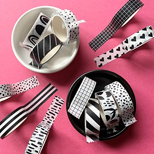 Washi Tape Set of 12 Rolls of 15 mm Wide Washy Tape Cute Decorative Tape for Journaling, Scrapbooking, Crafts, Bullet Journals, Planners, DIY Decor & Craft Supplies For Adults & Kids (Black and White)