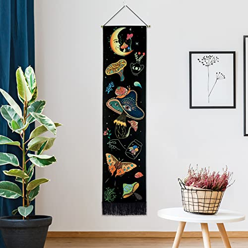 Racunbula Mushroom Tapestry Blacklight Sun Moon Tapestry Vertical Floral Butterfly Tapestry Galaxy Stars Tapestry Hippie Abstract Tapestry Wall Hanging for Bedroom (Moon)
