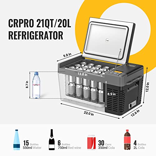 BougeRV 12 Volt Refrigerator, CRPRO 21 Quart 12V Car Fridge, Portable Freezer (-8℉~50℉), Compressor Cooler with 12V/24 DC, 110-240 AC for Outdoor Camping Overlanding Truck RV SUV Van