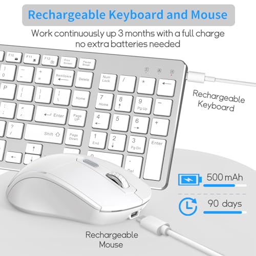 Wireless Keyboard Mouse Combo, Ultra Slim Computer Keyboard and 2400 DPI USB Silent Mouse with Invisible Light Design, Scissor Switch, for Laptop PC Chromebook Windows (KM202-Silver White)