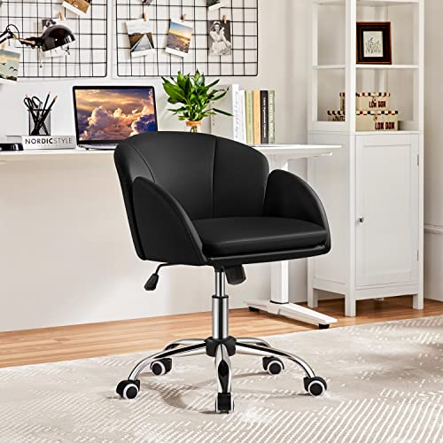 Yaheetech Cute Petal Desk Chair Home Office Swivel Upholstered Leather Makeup Vanity Desk Chair with Armrests for Bedroom Modern Computer Rolling Chair for Women Black
