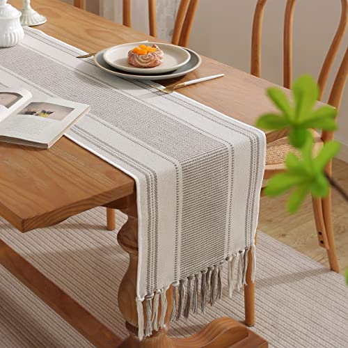 Caflife Boho Table Runner Natural Stripe for Modern Farmhouse Coffee Table Decor, Rustic Woven Runner with Handcrafted Tassels for Home Dining Table décor 13 x 60 Inch Long