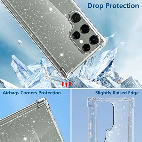 KSWOUS Glitter Case for Samsung Galaxy S23 Ultra with 2 Pack Soft TPU Screen Protector, Clear Glitter Phone Case Shockproof Protective Anti-Scratch Bling Sparkle Cover for Women Girls