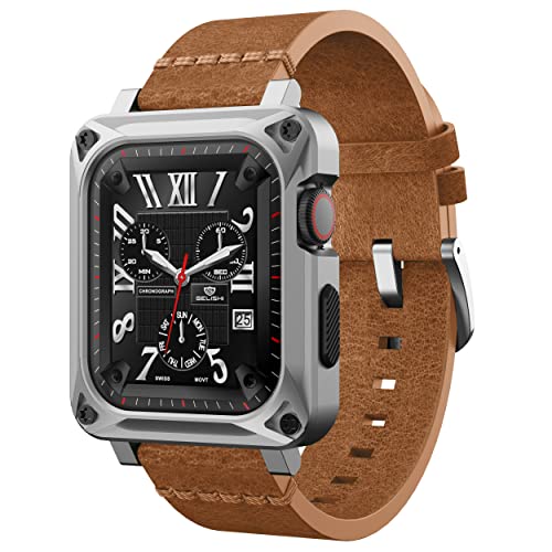GELISHI Compatible with Apple Watch Case 44mm Men, Metal Rugged Case Bumper Full Protective Cover with Leather Band Replacement Strap for Watch Series 6 SE 5 4, Black