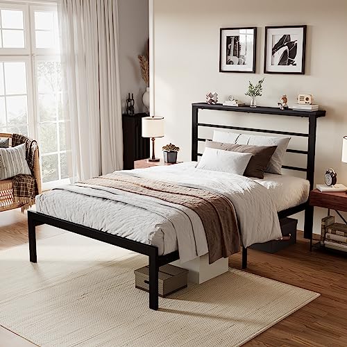SHA CERLIN Twin Size Bed Frame with Headboard Shelf and Strong Metal Foundation, No Box Spring Needed, Black