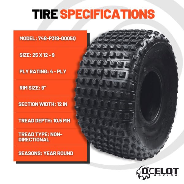 Ocelot 25x12x9 ATV/UTV Tire with Non-Directional Tread, Self-Cleaning Lug Design, Great Flotation - 25-Inch