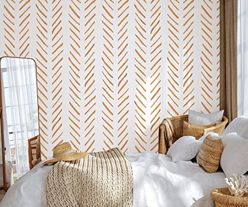 HAOKHOME Boho Peel and Stick Wallpaper Brush Strokes Stripes Removable Terracotta/White Chevron Vinyl Self Adhesive Mural 17.7in x 9.8ft