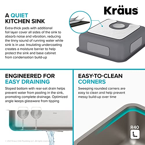 KRAUS Dex 17-inch Undermount 16 Gauge Stainless Steel Single Bowl ADA Kitchen Sink, KA1AS17B