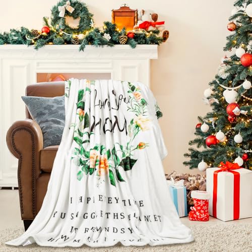 BESTSWEETIE Throw Blanket 60" x 50" for Mom Birthday, Soft Flower Pattern I Love You Mom Blanket from Daughters, Blue