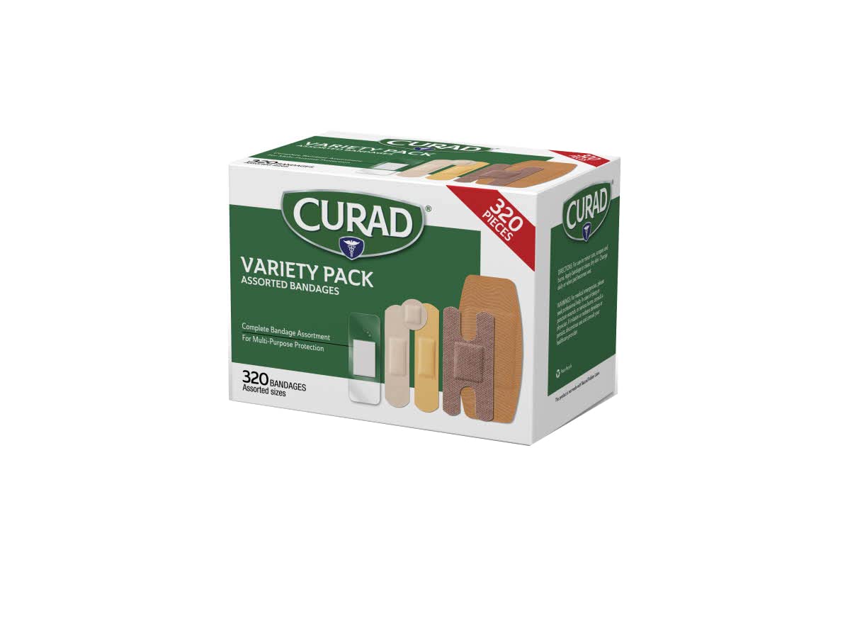 Curad Bulk Variety Pack Assorted Bandages, Flex-Fabric, Waterproof, Plastic, Knuckle, Heavy Duty Bandages (320 Count)