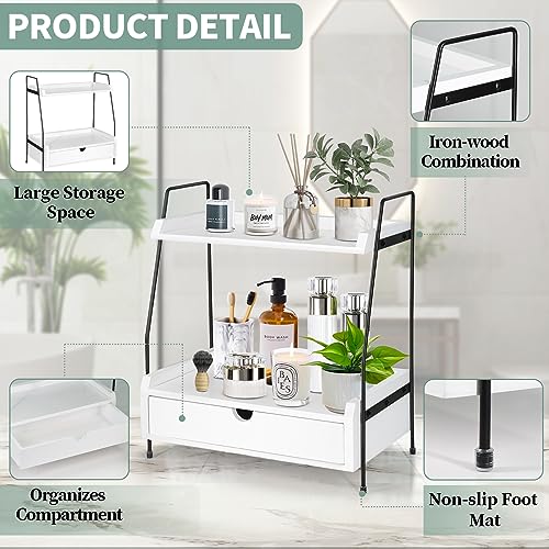 Y&ME YM 2-Tier Wood Bathroom Countertop Organizer with Drawer, 15.2"x7.5"x2.3"