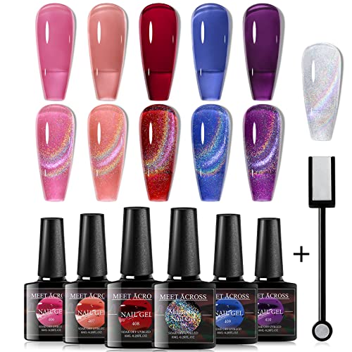 MEET ACROSS Amber Crystal Cat Eye Gel Nail Polish, Reflective Glitter Magnetic Nail Polish, Sparkly Red Coral Orange Brown Gel Polish Kit Gift for Winter Christmas