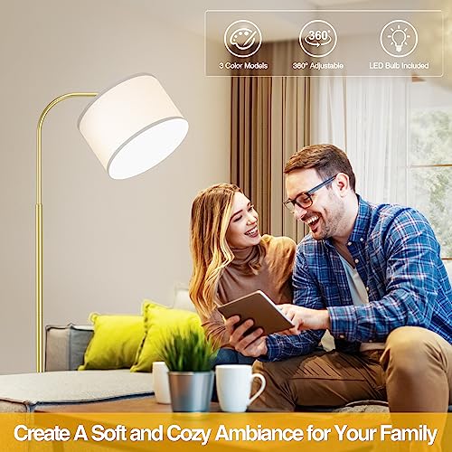 CNXIN Arc Floor Lamps for Living Room with 3 Color Temperatures, Modern Floor Lamp Reading Light with 9W Bulb Included, Standing Lamp with Adjustable White Hanging Lampshade for Bedroom Office(Gold)