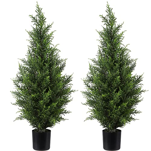 Artificial Topiary Cedar Trees 3FT Artificial Cedar Pine Tree Potted UV Rated Plant Fake Plants Tall Artificial Plants Shrubs for Indoors Outdoors Garden Home Decor (2 Pack)