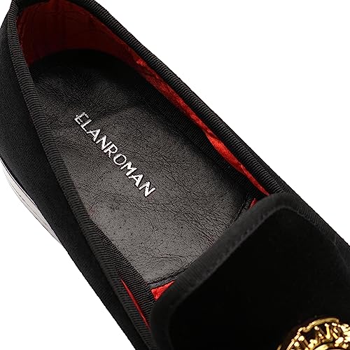 ELANROMAN Black Men Dress Velvet Loafers Gold Buckle Fashion Designer Penny Slippers Wedding Party Dance Shoes US 8