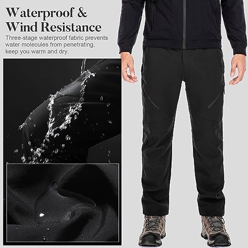 Men's Snow Ski Waterproof Fleece Lined Pants Winter Insulated Outdoor Hiking Mountain Softshell 6078-Black-29