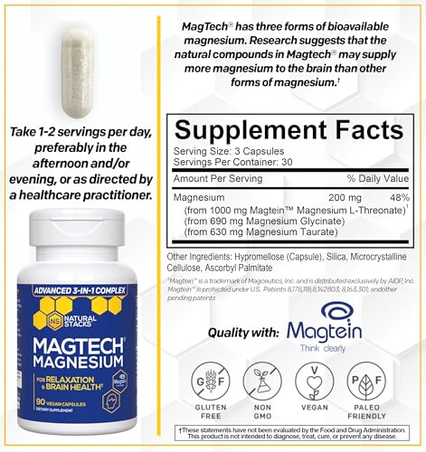 MagTech Magnesium Supplement - Chelated Magnesium Complex - 3 Forms of Magnesium: Magtein Magnesium L-Threonate, Glycinate & Taurate - Supports Relaxation & Brain Health*, 90 Magnesium Capsules