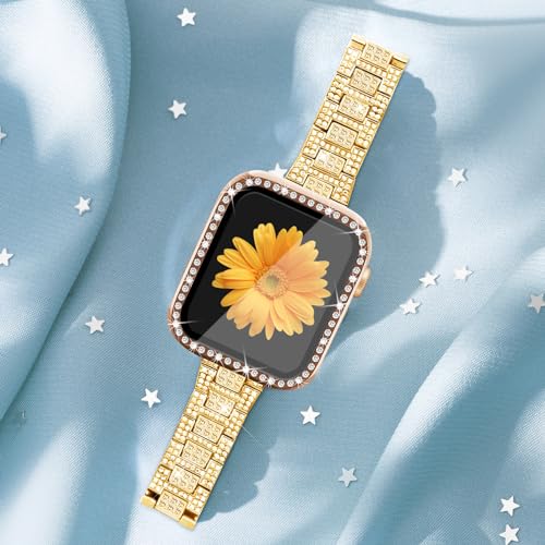 Mesime Compatible for Apple Watch Band with Screen Protector Case, Jewelry Replacement Bands 45mm 44mm 42mm 41mm 40 mm 38mm 2 Pack Bling Protective Cover for iWatch Series 9/8/7/6/5/4/3/2/1/SE Women