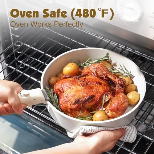 SENSARTE 17 Piece Ceramic Pots and Pans Set, Nonstick Detachable Handle Cookware, Induction Kitchen Cookware Set with Removable Handle, Dishwasher & Oven Safe, PFAS/PTFE/PFOA Free (Almond Beige)