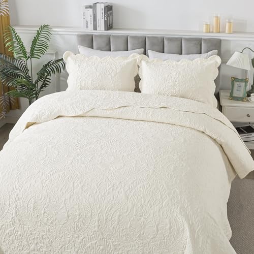 HoneiLife King Quilt Bedding Set - Velvet Quilt Sets 3-Pieces, Lightweight Bedspreads Solid Coverlets Retro Bed Cover Quilt King Size All Season Quilts, Nature White