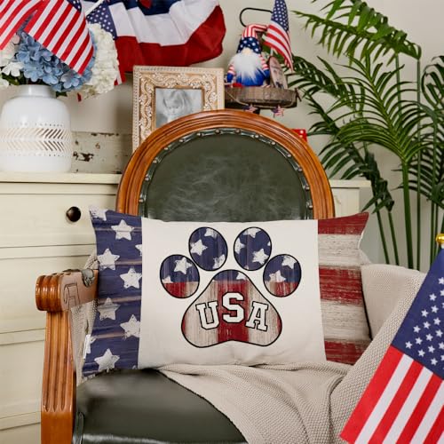 AACORS 4th of July Pillow Covers 12x20 Inch Paw Prints Decor Patriotic America USA Stars Holiday Pillow Case Independence Memorial Day Decorations for Home Sofa Couch AA529-12