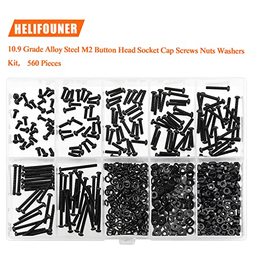 HELIFOUNER 560 Pieces M2 x 4mm /6mm /8mm /10mm /12mm /16mm /20mm, Button Head Socket Cap Screws Bolts Washers Nuts Kit, 10.9 Grade Alloy Steel, Full Threaded, Black
