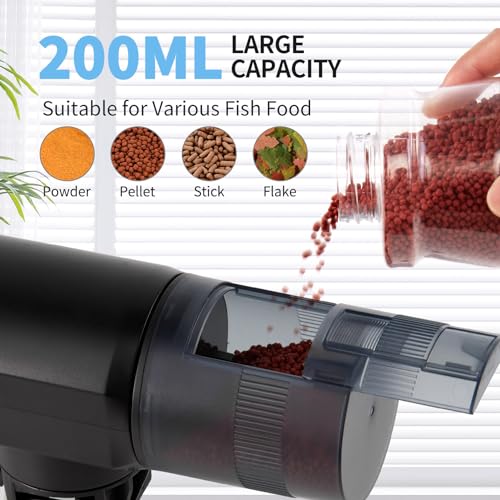 Automatic Fish Feeder Dispenser for Aquarium: 200ml Large Capacity Auto Feeders for Small Tank Turtle Betta Koi - Battery Food Feeding Timer for Flakes Pellet Vacation Weekend Day