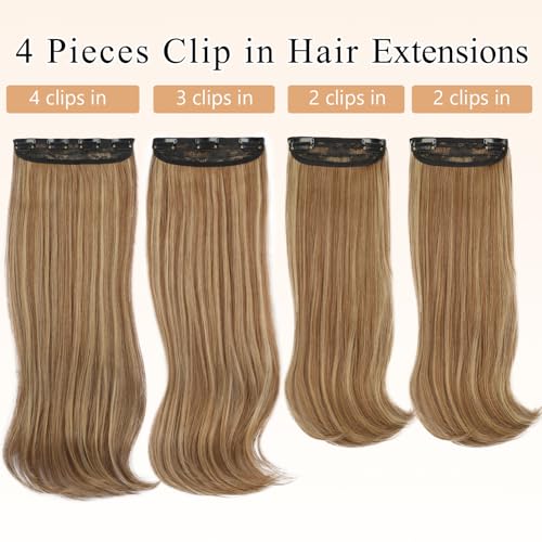 FREEMEIGE Clip in Long Wavy Synthetic Hair Extension 20 Inch Medium Brown 4PCS Thick Hairpieces Fiber Double Weft Hair for Women