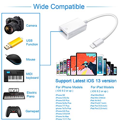 Lightning to USB Camera Adapter Lightning Female OTG Cable Adapter for Select iPhone,iPad Models Support Connect Camera, Card Reader, USB Flash Drive, MIDI Keyboard, White