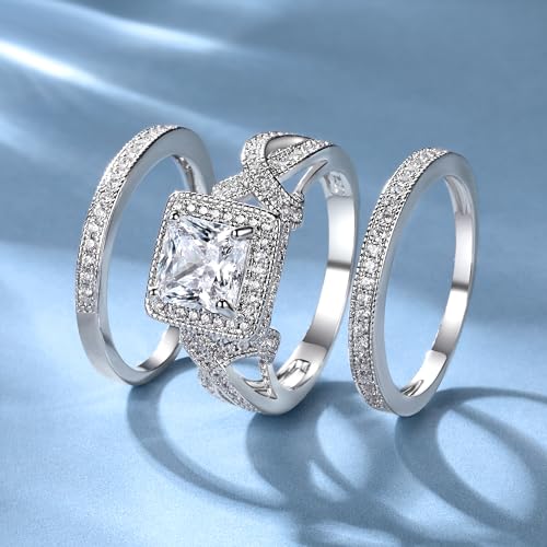 MDFUN18K White Gold Plated Cubic Zirconia Three-in-One Square Halo Wedding Engagement Promise Eternity Ring for Women (5)