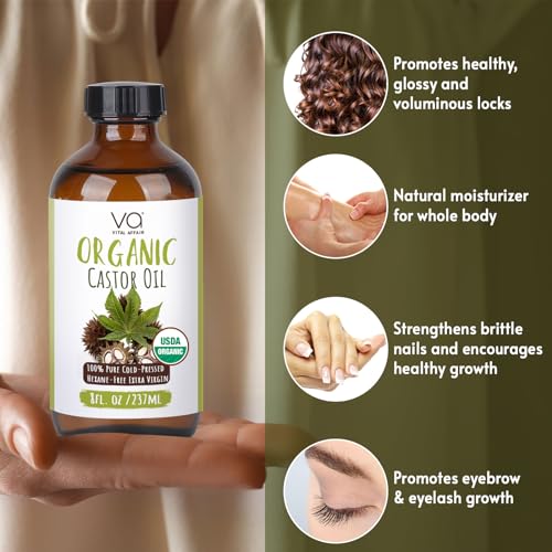 Pure Castor Oil Organic Cold Pressed Unrefined Glass Bottle-USDA Certified Organic Castor Oil Cold Pressed Glass Bottle For Castor Oil Pack Wrap-Castor Oil For Face,Hair Growth,Eyelashes,Eyebrows-8oz