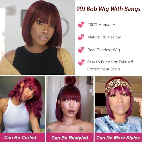 Atikual Bob Wig with Bangs Human Hair Wigs Glueless Wigs Straight Layered Bob Wigs with Bangs 3x1 Transparent Lace Bob Wigs for Women 8Inch 99J