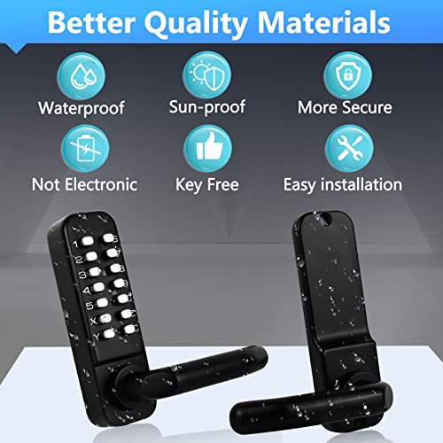 Casmer Upgrade Mechanical Door Lock with Adjustable Deadlatch 2-3/8'' and 2-3/4'',Outdoor Keyless Gate Lock with Handle, Waterproof Mechanical Keypad Door Lock (Black)