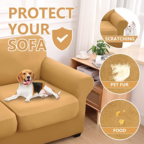 hyha 3 Pieces Couch Covers for 2 Cushion Couch, Love Seat Couch Covers, Sofa Covers Washable Stretch Loveseat Sofa Slipcover, Loveseat Covers with Elastic Straps (Loveseat, Camel)
