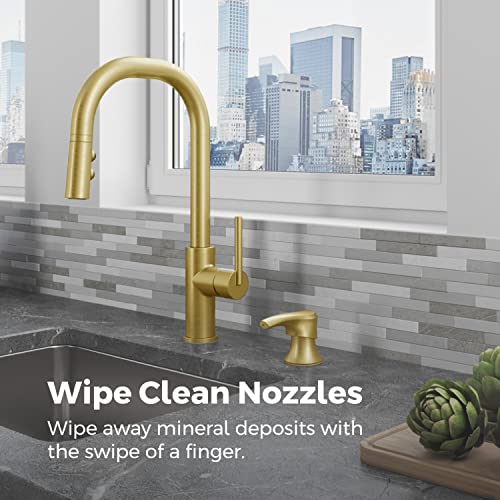 Pfister Zanna Kitchen Faucet with Pull Down Sprayer and Soap Dispenser, Single Handle, High Arc, Brushed Gold Finish, F5297ZNRBG