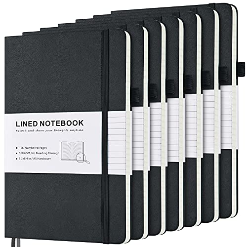 MALEDEN 7 Pack Lined Journal Notebook, Hardcover PU Leather Notebook for Men Women, 100 GSM Thick Numbered Pages with Index Content, Inner Pockets, Bookmarks, A5 Ruled Writing Journal Bulk (Black)