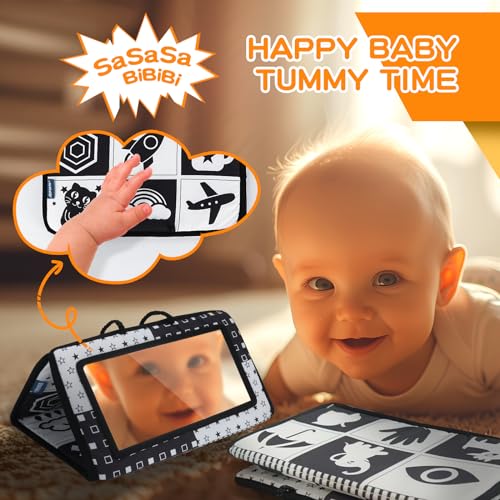 Early Learning Toy for 0-6 Months, Montessori Baby Toys 6 in 1 Learning Educational Set - Object Permanence Box, Baby Roller, Spinning Drum, Black and White High Contrast Baby Toys, Tummy Time Mirror