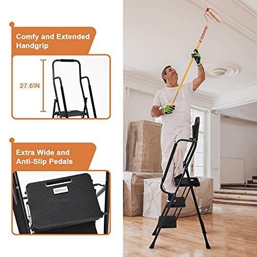 HBTower 3 Step Ladder with Handrails, 500 lbs Folding Step Stool with Attachable Tool Bag & Anti-Slip Wide Pedal for Home Kitchen Pantry Office (3-Step)