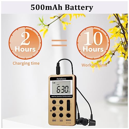 Retekess V112 AM FM Radio Portable, Mini Radio with Earphone Pocket, Digital Tuning Rechargeable Battery LCD Display for Walking Jogging(Gold)