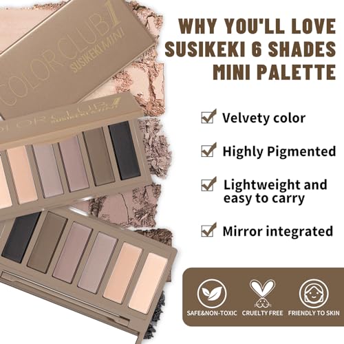 SUSIKEKI 6 Colors Mini Naked Eyeshadow Makeup Palette Neutral Nude Smoky Eye Shadow Taupe & Brown Matte Make Up Pallet with Mirror Highly Pigmented Long Lasting Waterproof Travel Size Gift Kit 01