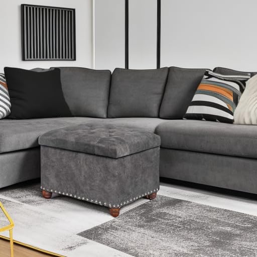 Joveco Storage Ottoman Foot Rest Stool, 24" Velvet Footstool Bench for Living Room Bedroom, Light Grey