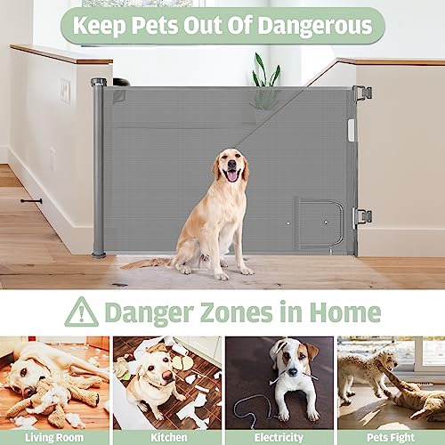 Retractable Baby Gate with Pet Door (55” Wide x 35” Tall) Retractable Dog Gate with Cat Door Indoor Outdoor Mesh Pet Gate for Cats/Puppy/Doggy/Toddler, Cat Safety Gate for Stairs and Doorways(Grey)