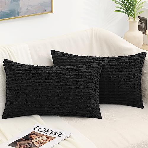 decorUhome Black Decorative Throw Pillow Covers 16x16 Set of 2, Soft Corduroy Striped Square Pillow Covers for Couch Living Room Bed Sofa