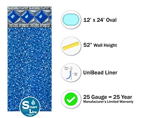 Smartline Crystal Tile 12-Foot-by-24-Foot Oval Liner | UniBead Style | 52-Inch Wall Height | 25 Gauge Virgin Vinyl | Designed for Steel Sided Above-Ground Swimming Pool | Universal Gasket Kit Included