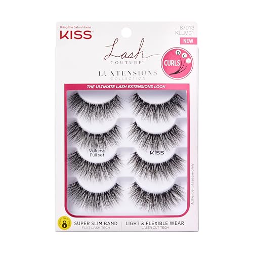 KISS Lash Couture LuXtensions Collection False Eyelashes Multipack, Flat Lash Technology, Super Slim Lash Band, Real Lash Extension Fibers, Reusable Strip Lashes, 'Volume Full Set', 4 Pairs