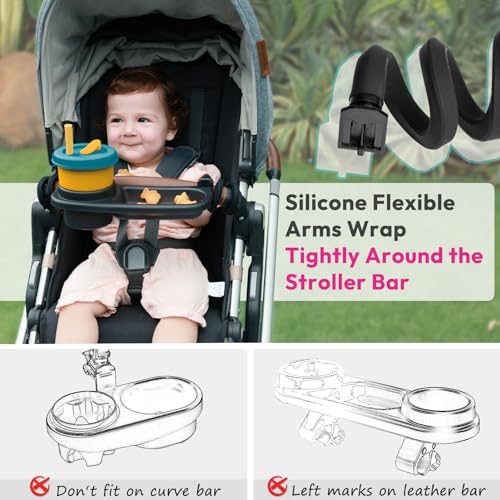 Universal Stroller Snack Tray, Cup Holder Tray with Silicone Flexible Arms Grip, Universal Stroller Snack Tray Attachment for Baby & Toddler, Stroller Accessories, Snacking On The Go, Dark Gray