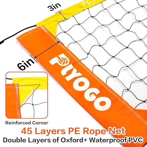 PLYOGO Volleyball Net for Backyard, Professional Portable Outdoor Heavy Duty Volleyball Net Set with Adjustable Aluminum Poles, Anti-Sag Design, Double Tension Adjuster for Beach, Grass |1680D Bag